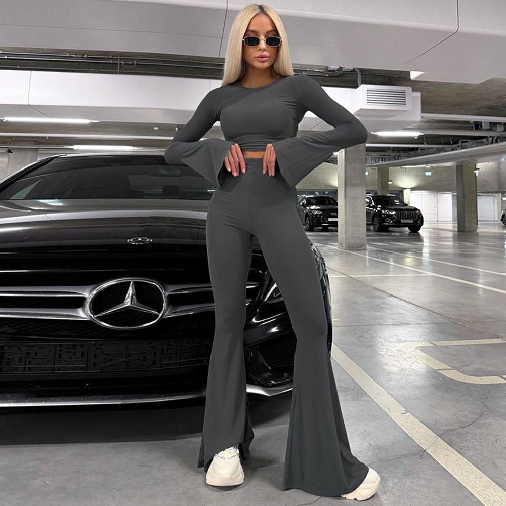 2024 European & American Slim-Fit Sports Set: High-Waisted Flared Pants & Long-Sleeve Top for Women