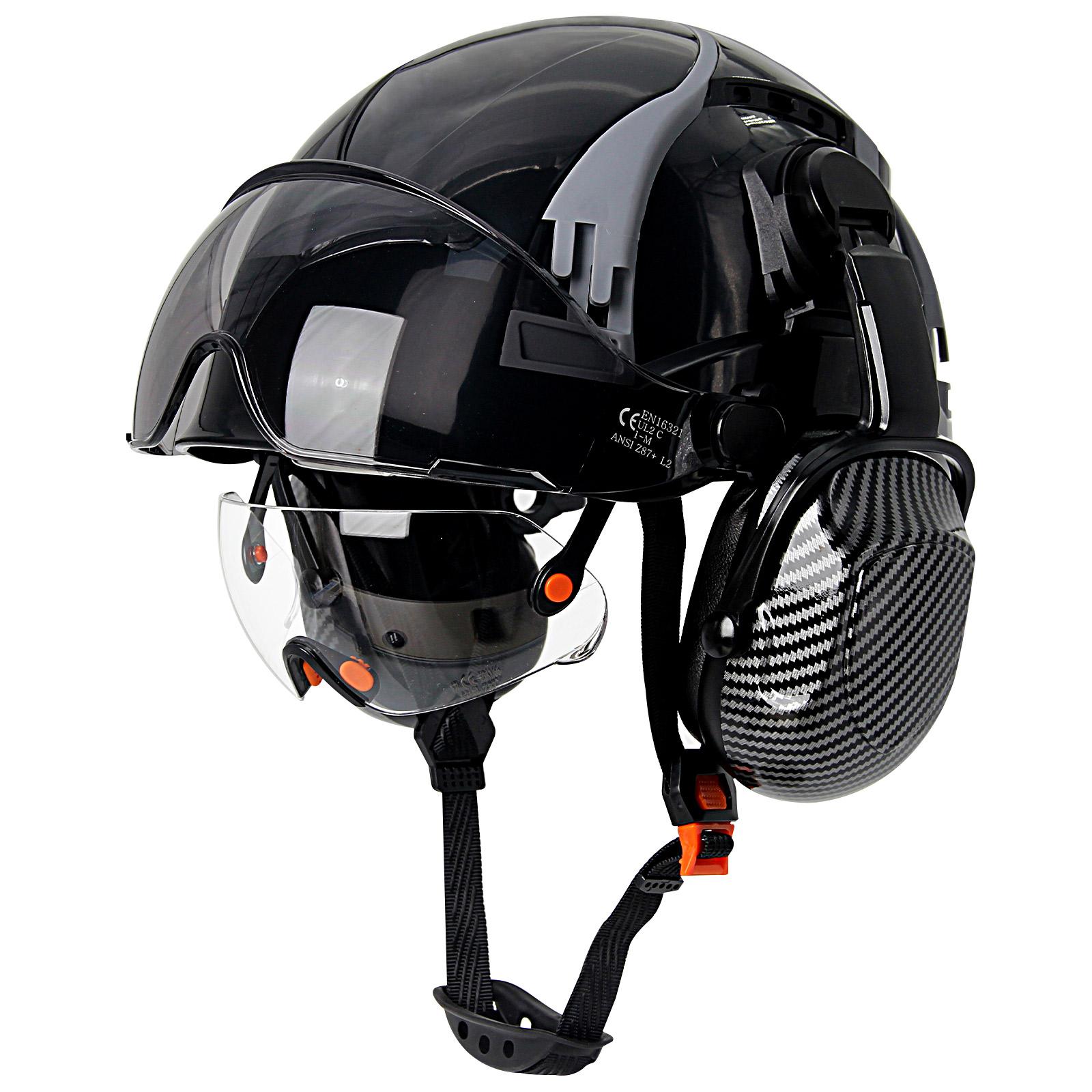 

CE Carbon Fiber Safety Helmet W/ Earmuffs Double Goggles ABS Construction Hard Hat For Engineer High Quality Work Cap ANSI