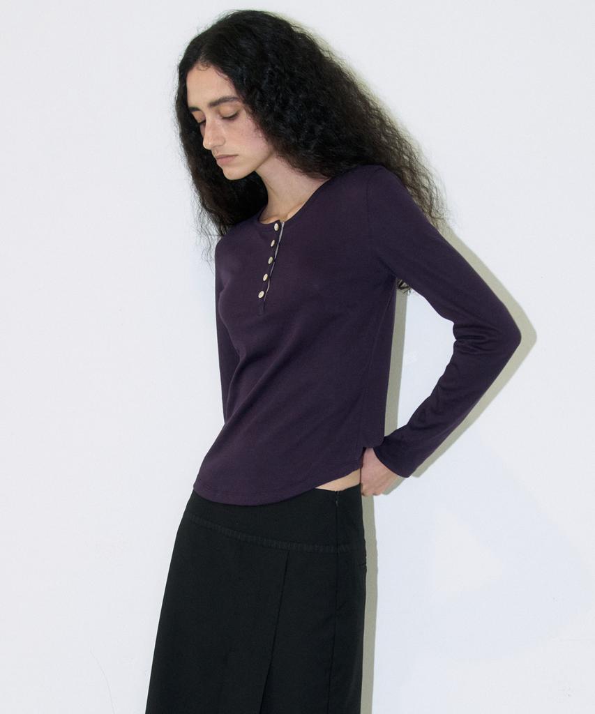 MILLO WOMEN Tape Henley Neck T-Shirt [Purple]