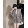 Elegant Satin Polyester Spliced Vneck Long Sleeve Dress For Fall Season Womens Formal Wear