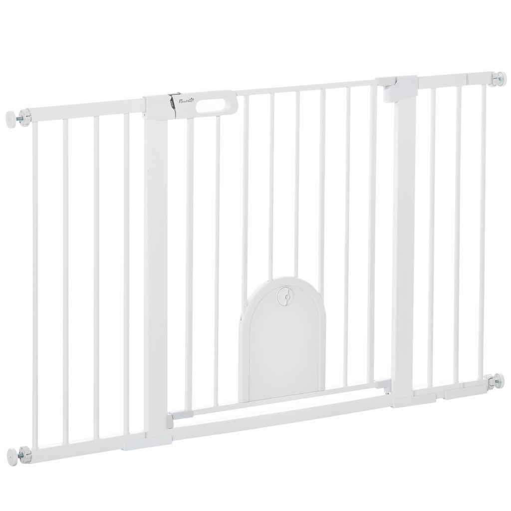 Extendable Dog Gate with Self-Closing Door, Made of Metal and ABS, 75-131x76 Cm, White