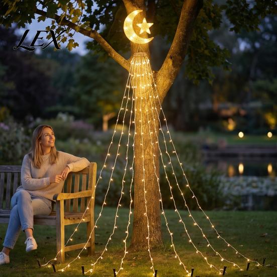 Reusable Holiday Garden Lighting Solar Christmas Tree Waterfall Light, 11.5FT 346 LED Powered String Light Durable Waterproof Strips with Star