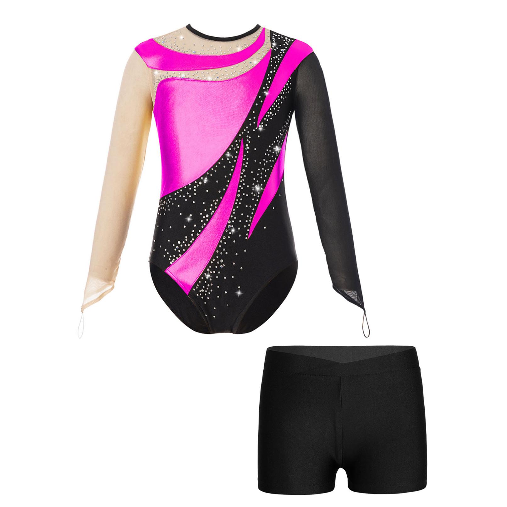 Ranrann Kindermeisjes Gymnastiekpakjes met lange mouwen en keyhole-rugbodysuit Balletdanskleding met shorts Competitie-outfits 7-8 Years zwart/warm roze kleur
