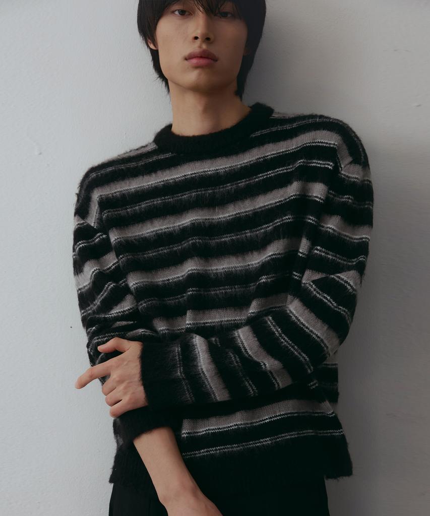 NODU Crop Multi-Stripe Brush Knit [Black]