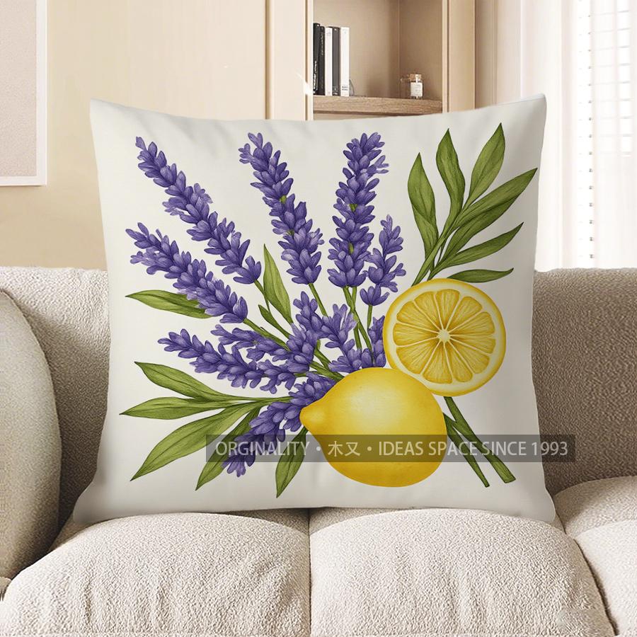 Home Decor Lavender &amp; Lemon Floral Pillow Cover Design Pattern Cushion Cover Suitable For Sofa Bedroom Car Pillow Cover