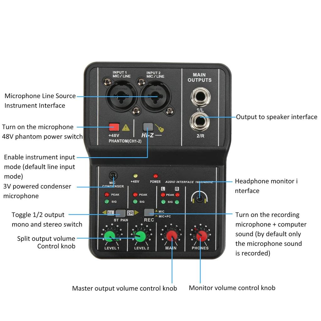 Stable High Precision USB Portable 48V Compact Sound Mixing Mixing Board for Music Home Internet Karaoke 2-Channel Mixer, Performance, Console,