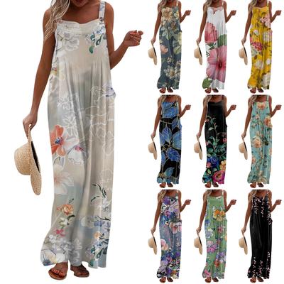 Women's Strap Pants Fashion Print Strap Loose Wide Leg Bodysuit With Pockets