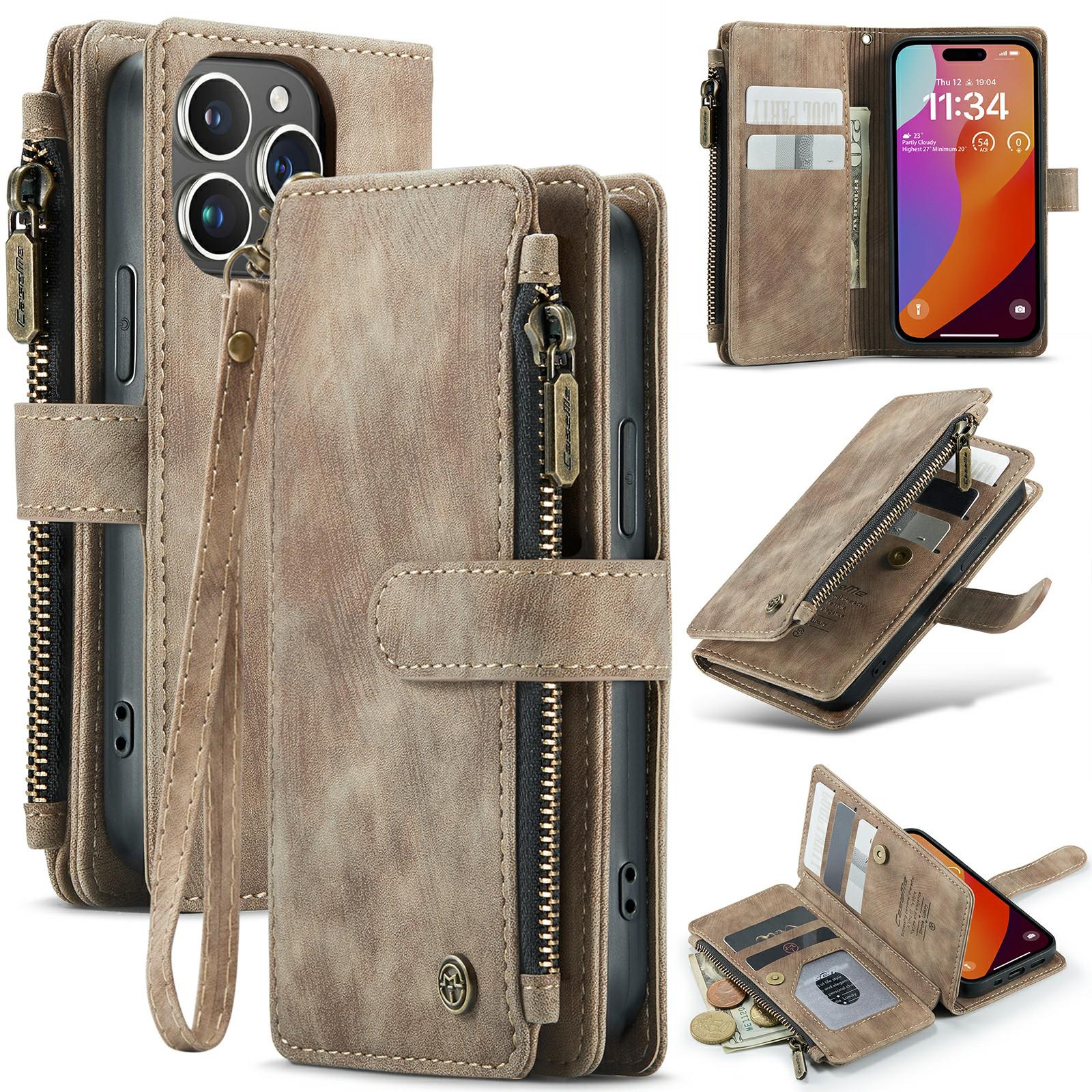

For iPhone 16 Pro Phone Cases with Strap CASEME C30 Zipper Multiple Card Holder PU Leather Cover Brown