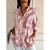 Women's Long Sleeve Abstract Wave Print Button Down Casual Shirt Elegant Daily Blouse Tops in White Blue for Spring Summer