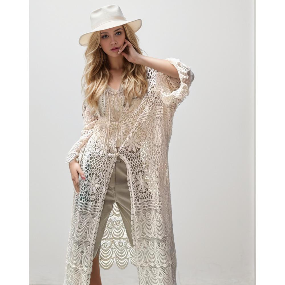 DIMANAF 2024 New Cardigan  Women Knitting Lace Long Vest Hollow Summer Style Basic Tops Tees Loose Clothing