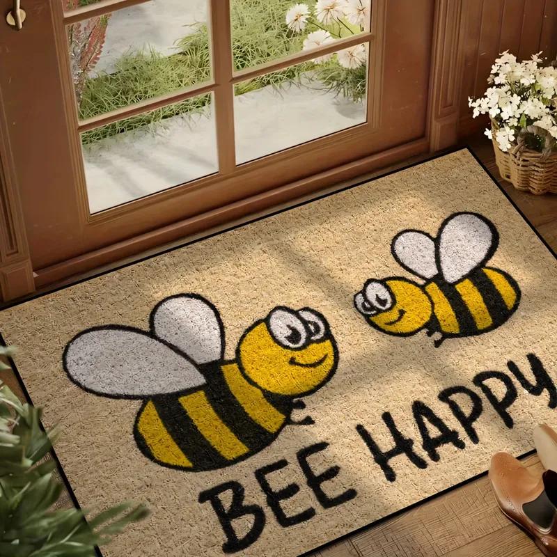 VIKAMA Bee Happy Doormat Welcome Mat Crystal Velvet Outdoor Carpet Living Room Floor Mat Rug For Bedroom Lightweight Home Decor