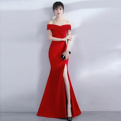 Banquet Evening Dress Chen Qixiong Elegant Long One-word Shoulder Fishtail Host Dress Long Dress