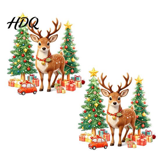 Elk Tree Glass Stickers 1/2 Sheets Christmas Reindeer Window Cling Car Gift Box Winter Decoration Sticker Static Sticker Waterproof Decal,
