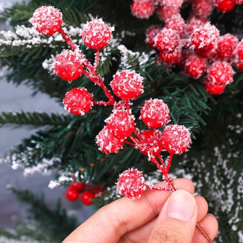 Christmas Snowflake Red Berries Red Fruit Simulation Berry Branches 12 Heads Holly Berry Stems DIY Wreath Xmas Tree Decorations