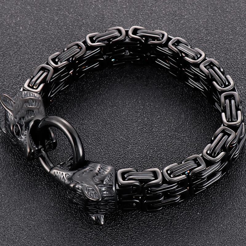 Gothic Punk Wolf Head Man Bracelet For Men Vintage Stainless Steel 14MM Double Chain Men's Wrist Bracelets Male Jewellery Accessories