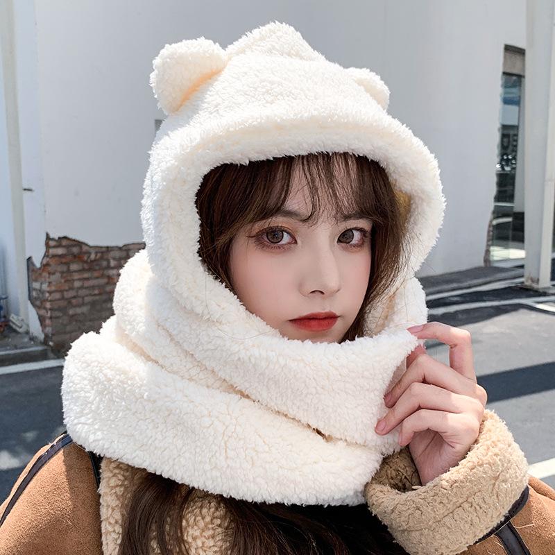 Bear Ear Hat for Women In Autumn and Winter Versatile Cute Scarf with Hooded Korean Style Ear Protection and Warm Couple