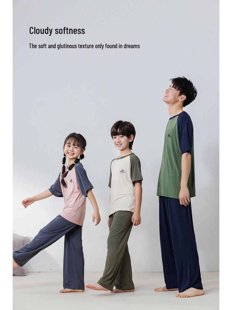 Modal Barnpyjamas: AC-dräkt för pojkar och flickor, kortärmad, set med långbyxor för tonåringar, sommarhemkläder