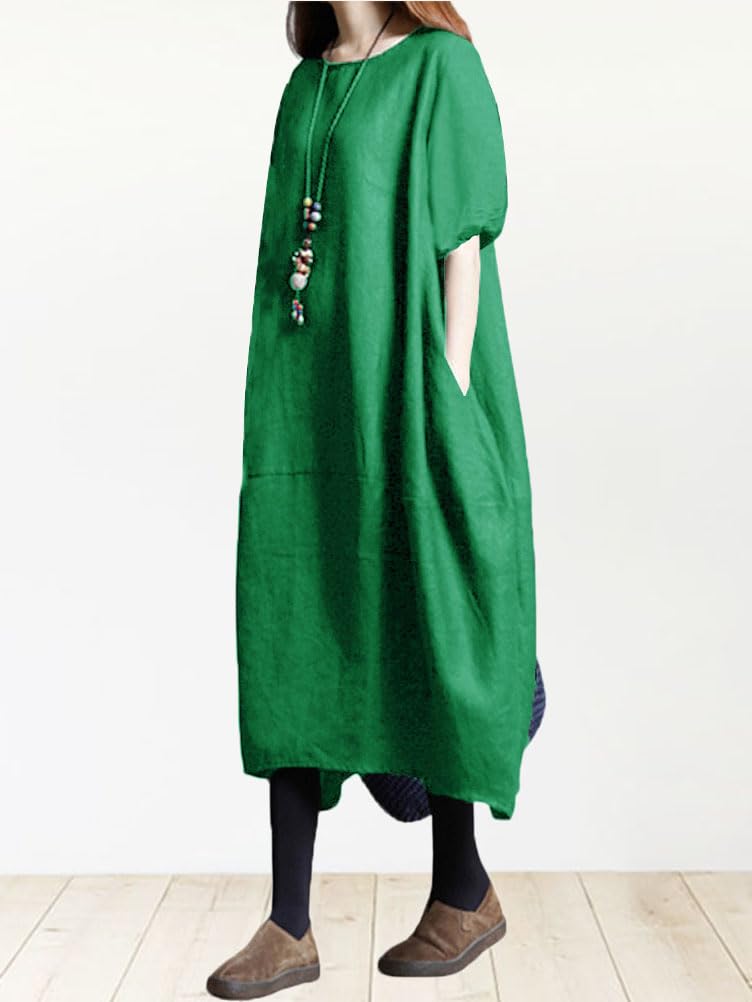 Minesam Short Style Cocoon Flattering for Summer Women's Cotton-Linen Dress, Long, Sleeve, Cotton-Linen Dress, (01 Green, XL)