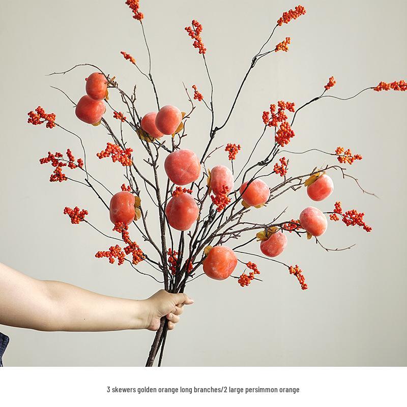 Artificial Flower Arrangement for Home Decor - Persimmon and Pomegranate Branches for Living Room, Dining Table, or Entrance Hall Display