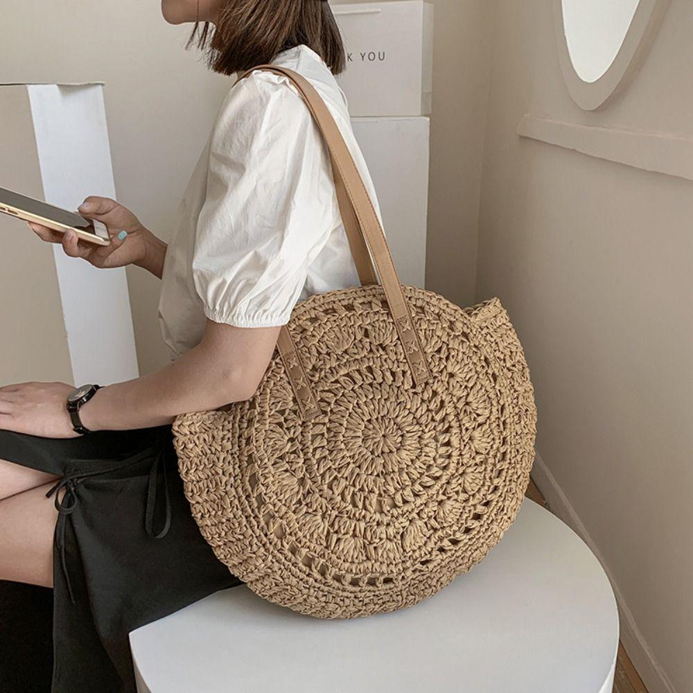 

Boho Straw Weave Bag Handmade Woven Shoulder Bag Trendy Straw Tote Bag Travel хаки