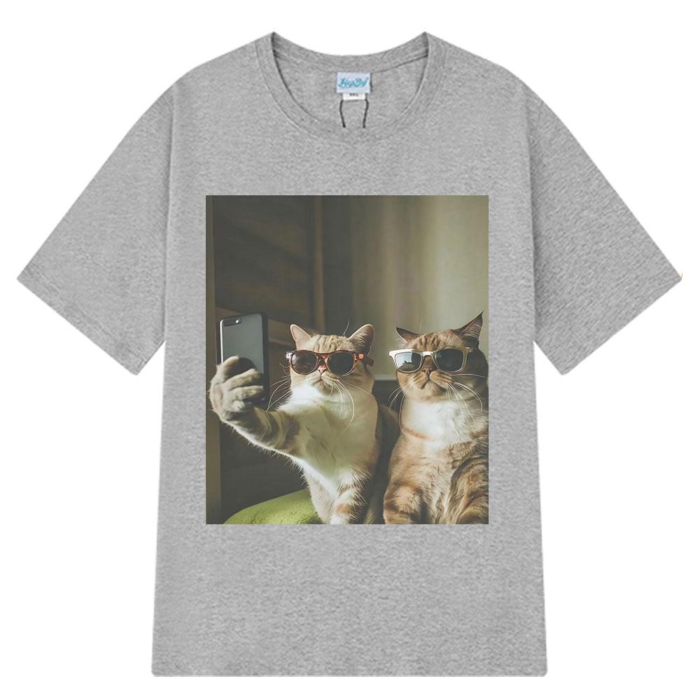 2026 Summer Cotton Tee Selfie Cool Cats Funny Meme Graphic Unisex Women Plus Size Loose Casual Hip Hop Streetwear Breathable Top