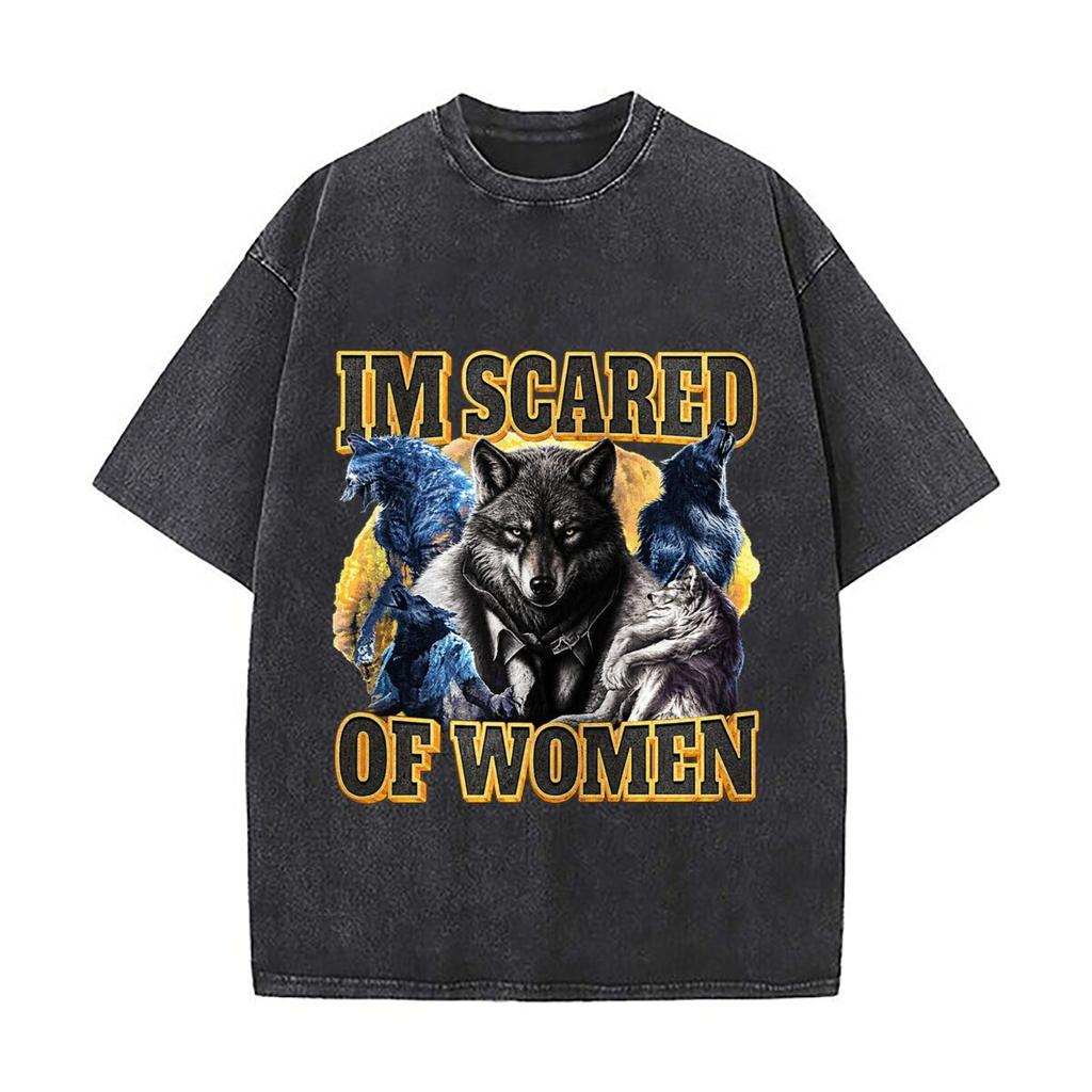Im Scared Of Women Wolf Cat Animal Graphic Washed Vintage Short Sleeve Loose Streetwear Tee