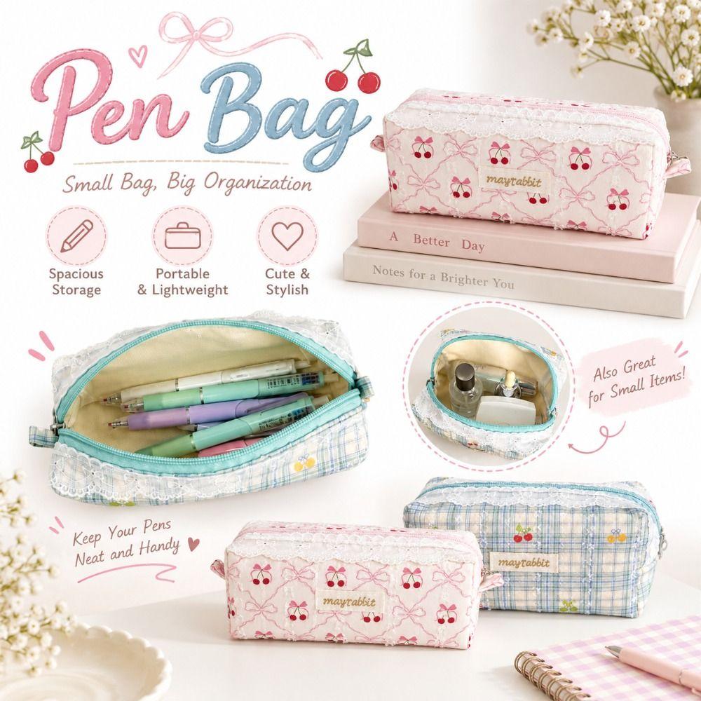 Cherry Bow Pen Pouch Large Capacity Cosmetic Pouch Cute Clutch Bags School Stationery