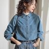 Women's Light Blue Retro Soft Denim Shirt, New 2025 Spring/Autumn Style, Small Size, Plus Velvet Layer, Straight Shoulder.