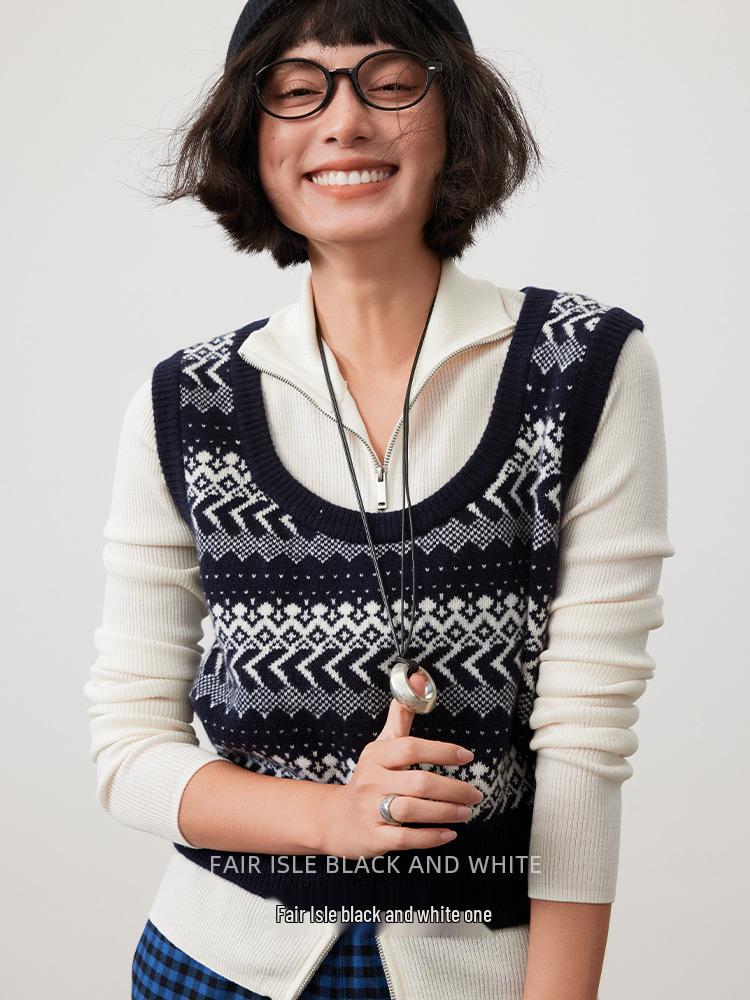 

Lagur 100% Мериносовая Шерсть Fair Isle Винтажный Вязаный Жилет Plus Size (55-65 kg) чёрный/белый