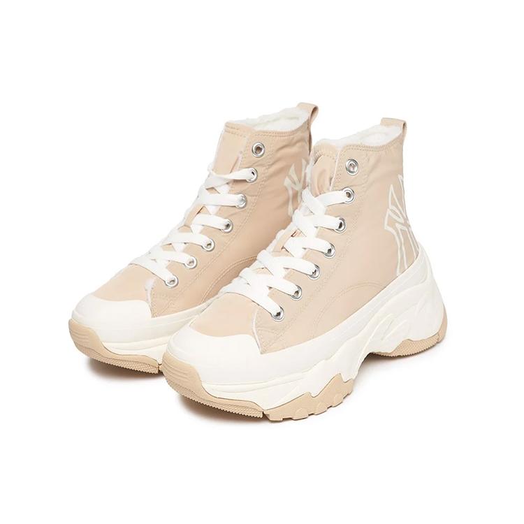 New MLB Chunky High Anti Slip Wear Resistant High Top Canvas Shoes Unisex Beige 3ASHU4216-50BGS