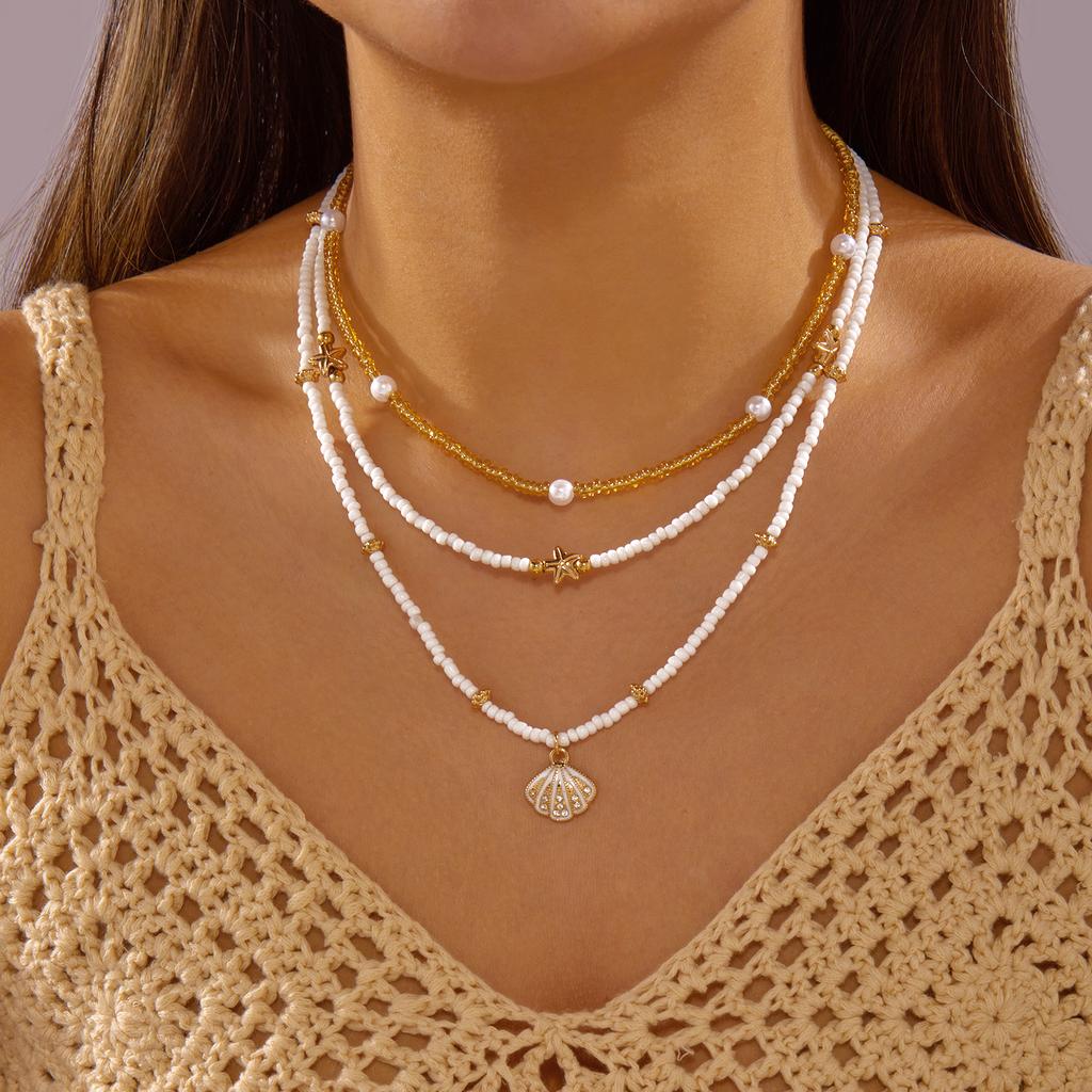 Gold Color Multilayer Starfish Shell Pendant Necklace For Women Boho Imitation Pearl Beads Choker Summer Beach Vacation Jewelry