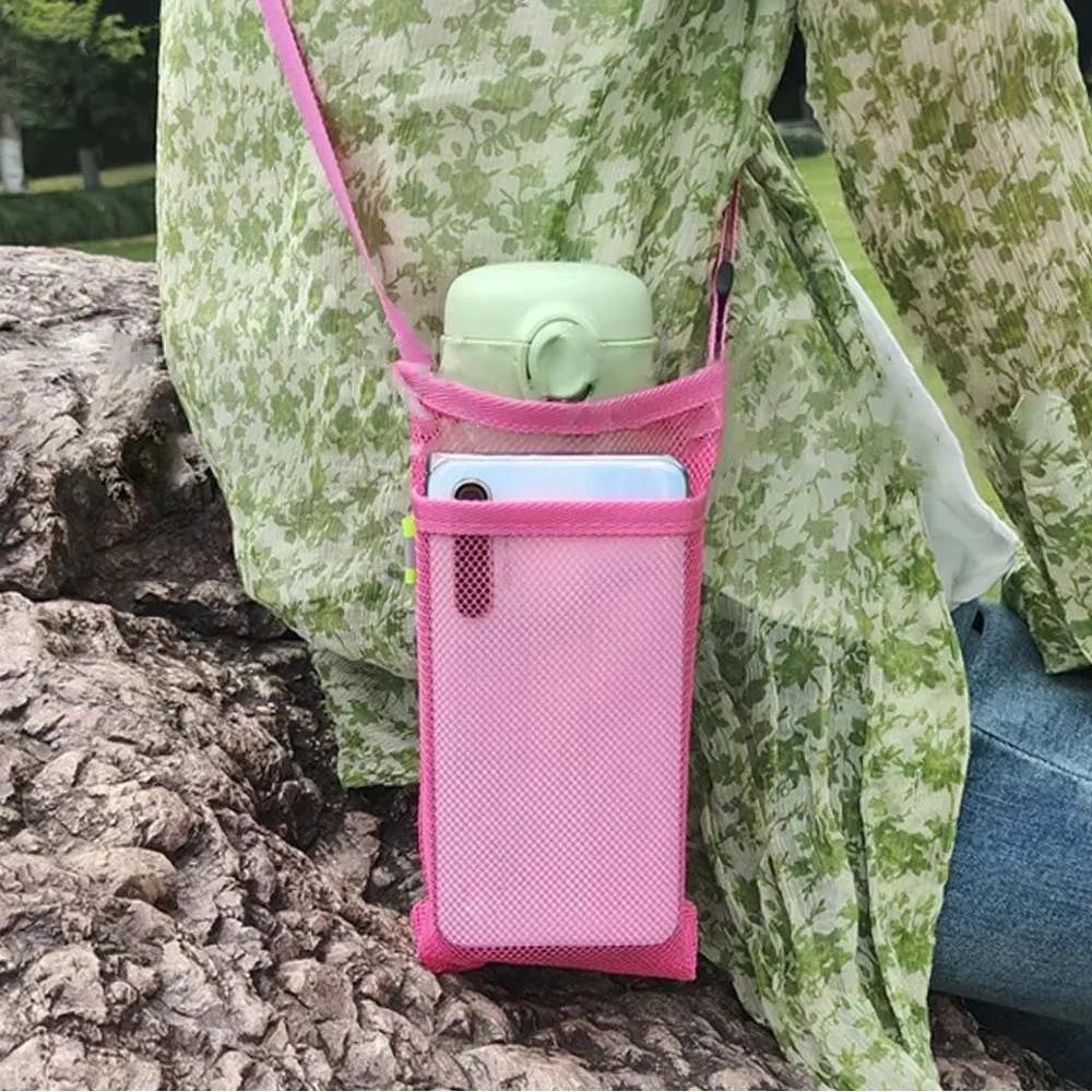 Travel Outdoor Sport Water Bottle Cover Portable Mesh Cup Pouch with Strap Mobile Phone Bag Visible Bag Camping Accessories