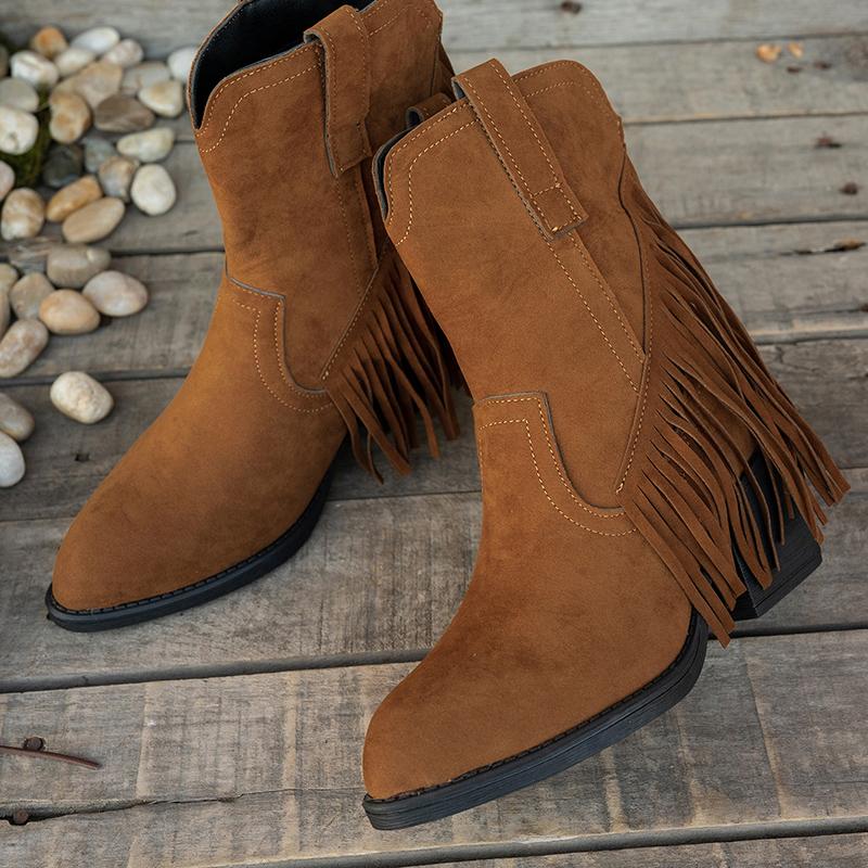 Cizme Cowboy Western Retro cu Ciucuri din Piele Suede Femei 2025 Iarnă Sexy Vârf Ascuțit Toc Înalt Cizme Glezna Botine Scurte de Designer pentru Femei