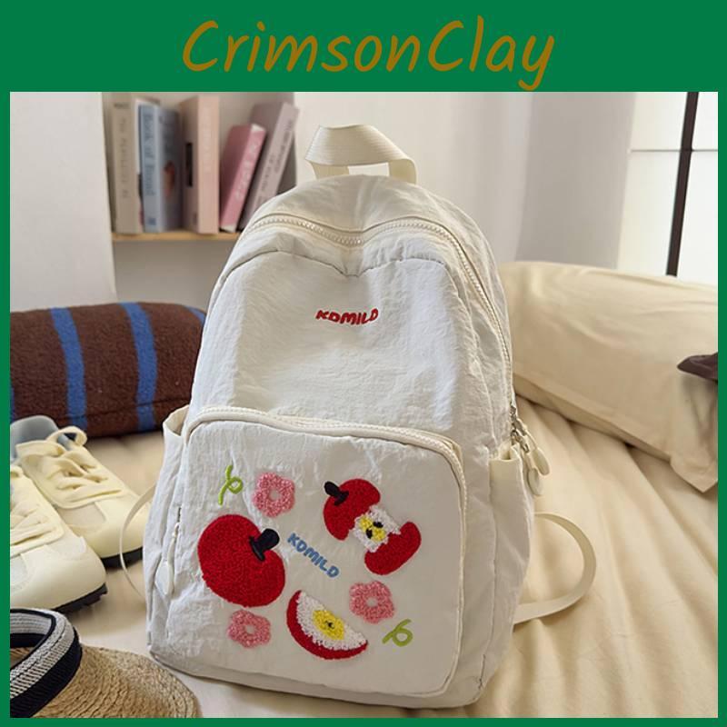 Trendy Nylon Backpack For Girls Featuring Apple Print And Zipper Design