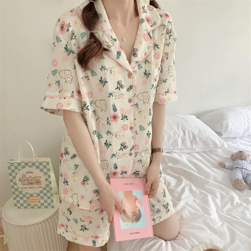 Women's Pajamas Summer Short Sleeve Sleepwear Set Cartoon Cute Rabbit Printed Pyjama Woman Ruffle Home Nightwear Set Cardigan