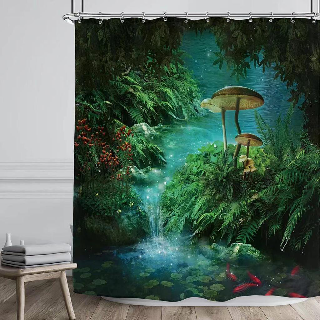 Fantasy Forest Shower Curtain Set Mystery Fairy Forest  Mushroom Flower Plant Home Bathroom Decor Curtains  Bath Accessory Set