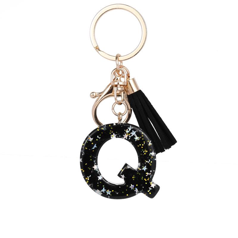 Black Resin Keychain with English Letter Pendant and Tassel