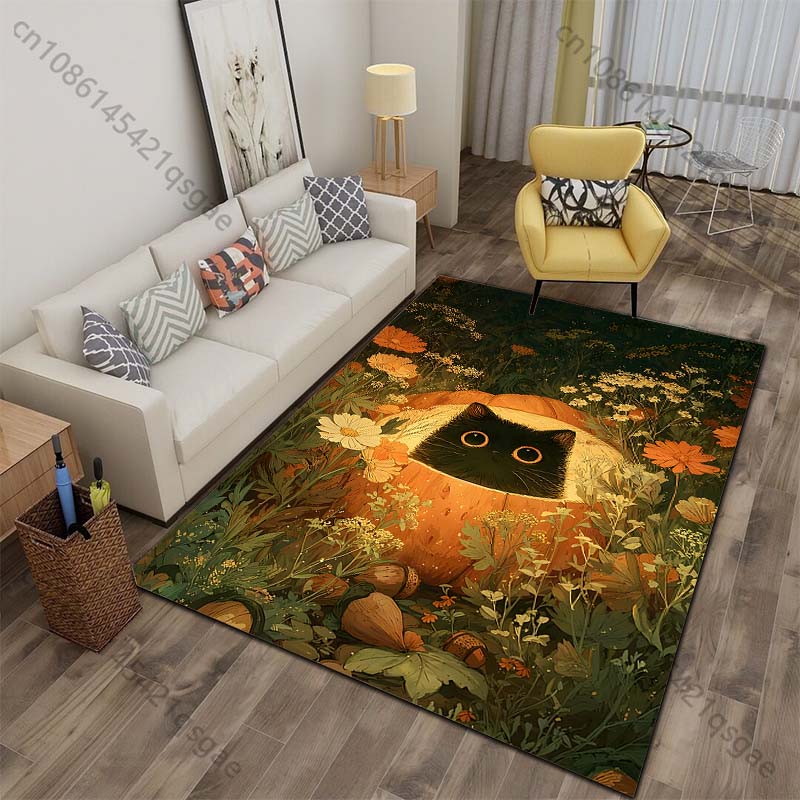 

A Black Kitten in a Pumpkin, Amidst Flowers Print Carpet for Living Room Bedroom Sofa Home Decor Non-slip Mat Luxury Gift 40x60cm