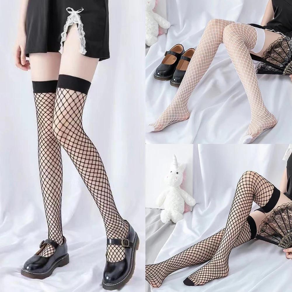 Mode Street Casual Einfarbig Atmungsaktiv Netzstrümpfe Mädchen Lolita Überknie Strümpfe Damen Aushöhlte Fischnetzstrümpfe