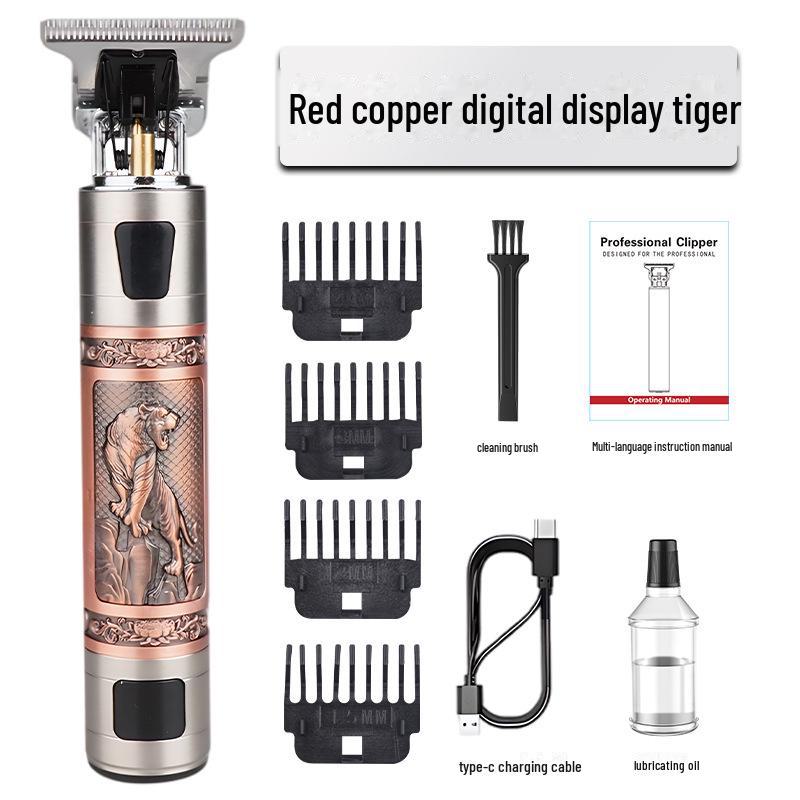 

Машинка для стрижки волос T9 с цифровым дисплеем в форме черепа: Триммер из цинкового сплава с зарядкой от USB для точного бритья и карвинга. Tiger красный/медный