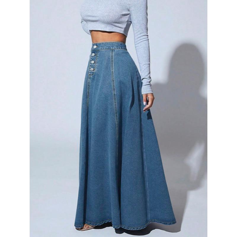 Single-breasted Denim Skirt Female Retro Western Style Big Swing A-line Skirt
