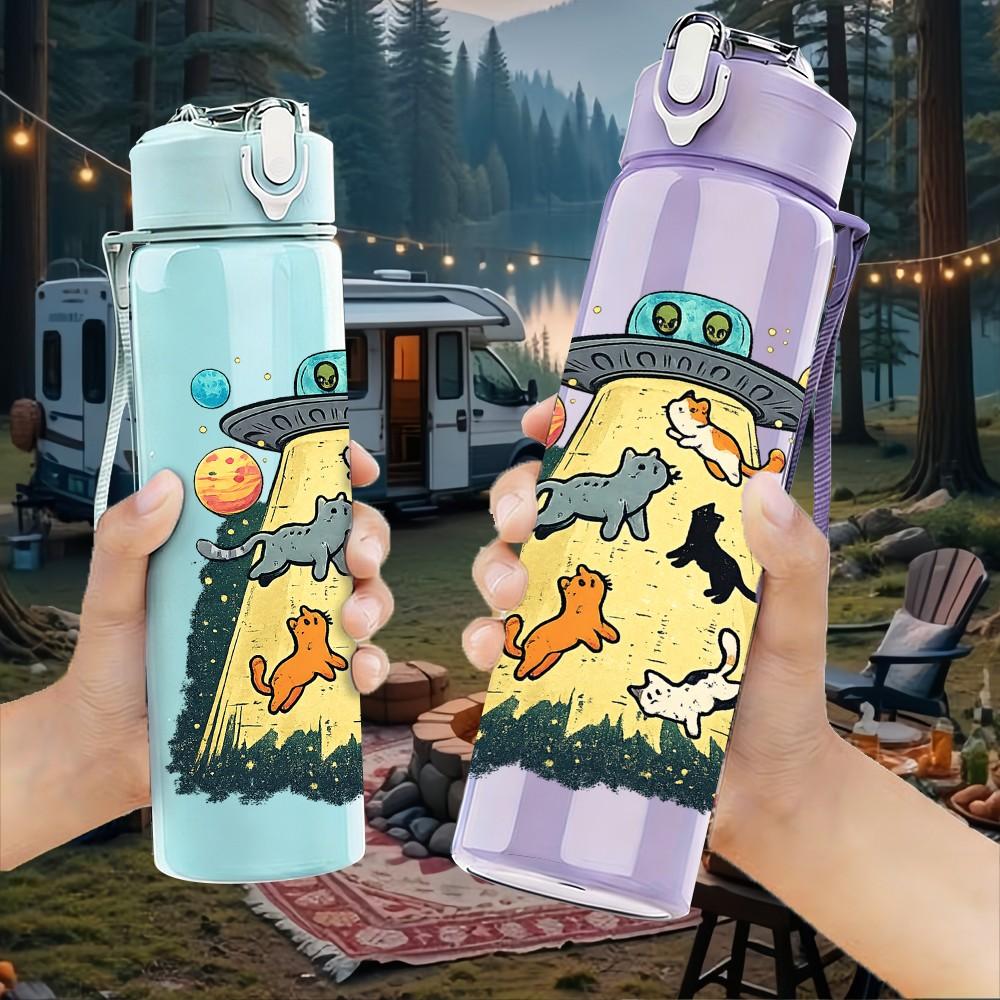 1PC Robot Space Character Cartoon Print 750ml Color Plastic Sports Water Bottle Leakproof Flip Straw Lid Suitable for Sports Office Home Use