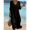 VEZFAA Women's Fashion Summer Spring Solid Color Print 1/2 Sleeves V-Neck Loose Waistline Casual Dresses