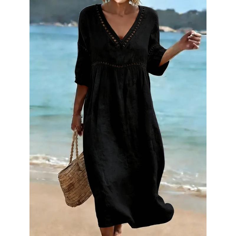 VEZFAA Women's Fashion Summer Spring Solid Color Print 1/2 Sleeves V-Neck Loose Waistline Casual Dresses
