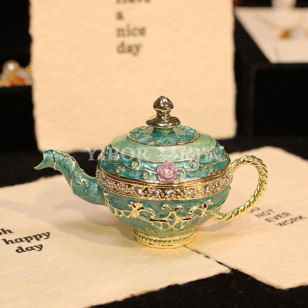 Metall Cloisonné Teekanne Schmuckschatulle, Vintage Gold Emaille Figur, Strass Akzent Handgefertigtes Geschenk für Schminktisch Dekoration