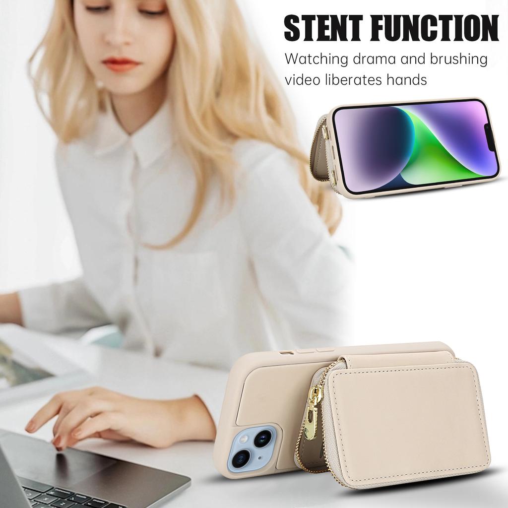 For iPhone 14/13 Case RFID Blocking Zipper Wallet Leather + TPU Phone Cover with Shoulder Strap