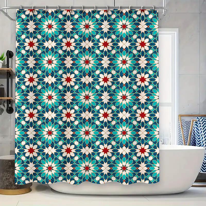 

Colorful Geometric Pattern Shower Curtain For Bathroom Decor Blue, Red White Flowers Fabric Waterproof Shower Panel Cover Size 1 W60H190(CM)-1 Pcs