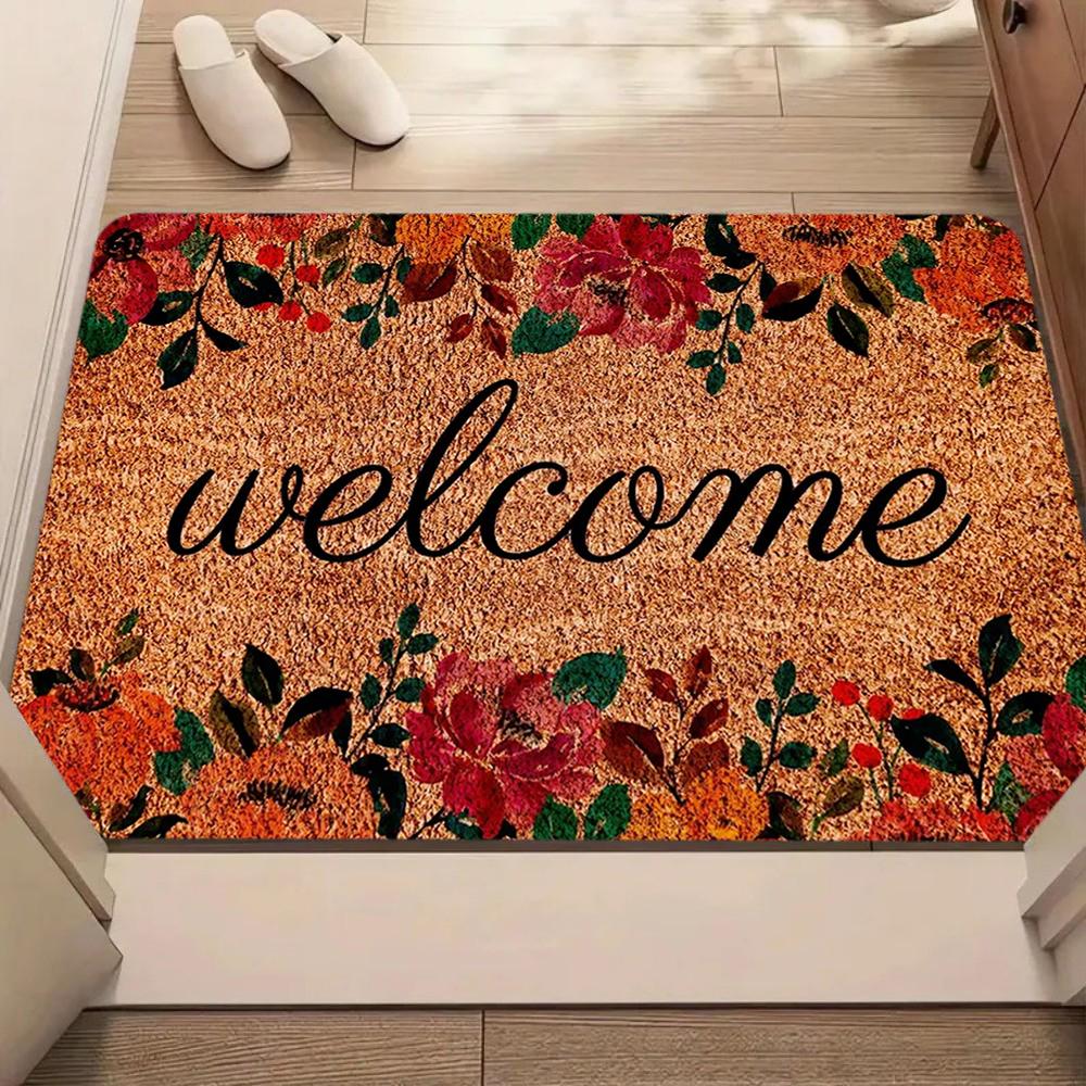 Welcome Retro Floral Doormat Orange Coir Non-Slip Entryway Mat Colorful Flower Design Carpet for Entryway Kitchen Living Room