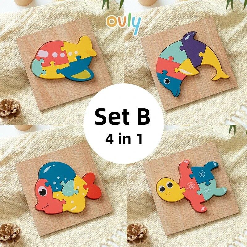 4 Stück Kinder 3D Holz Tier Puzzle Kindergarten Früherziehung Entwicklung Stereoskopische Kleinkindspielzeuge für 2-3 Jahre altes Baby