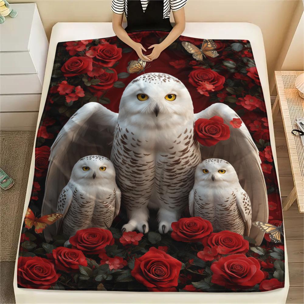 1PC Red Rose Owl Print Flannel Blanket, High Quality All Seasons, Home Decor, Warmth and Comfort, Perfect for Christmas Gifts